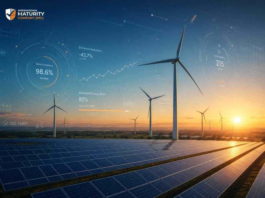 Wind turbines and solar panels at sunset with climate data overlays