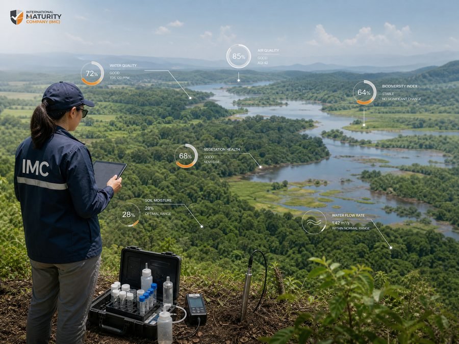 Environmental scientist monitoring water and soil quality data in a green landscape