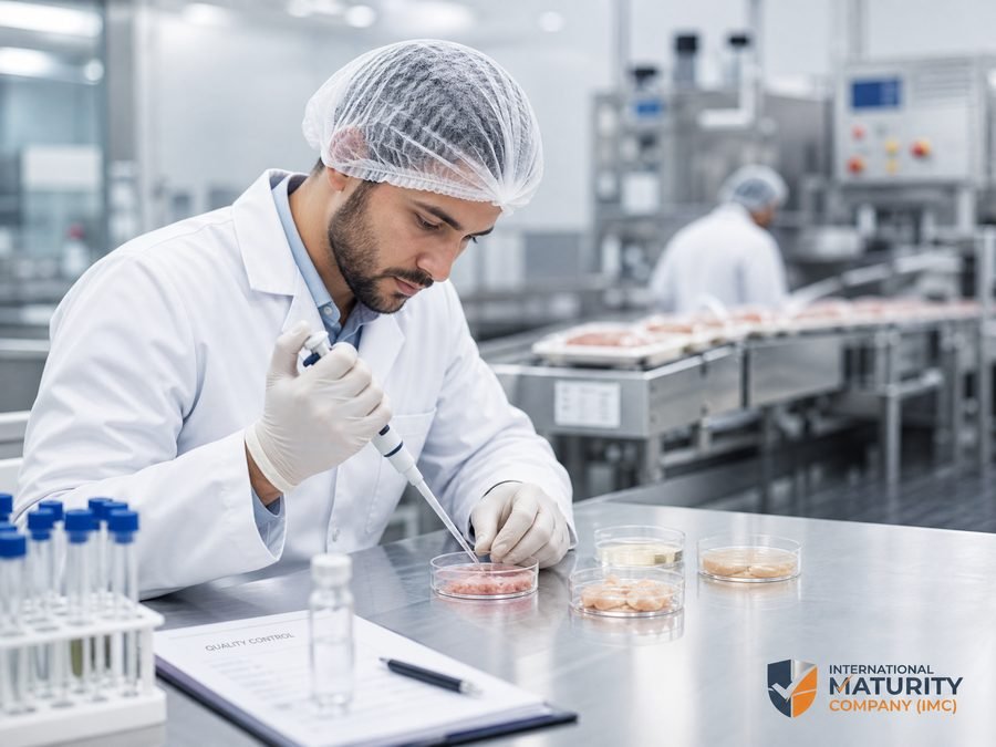 Lab technician inspecting food samples in a packing facility