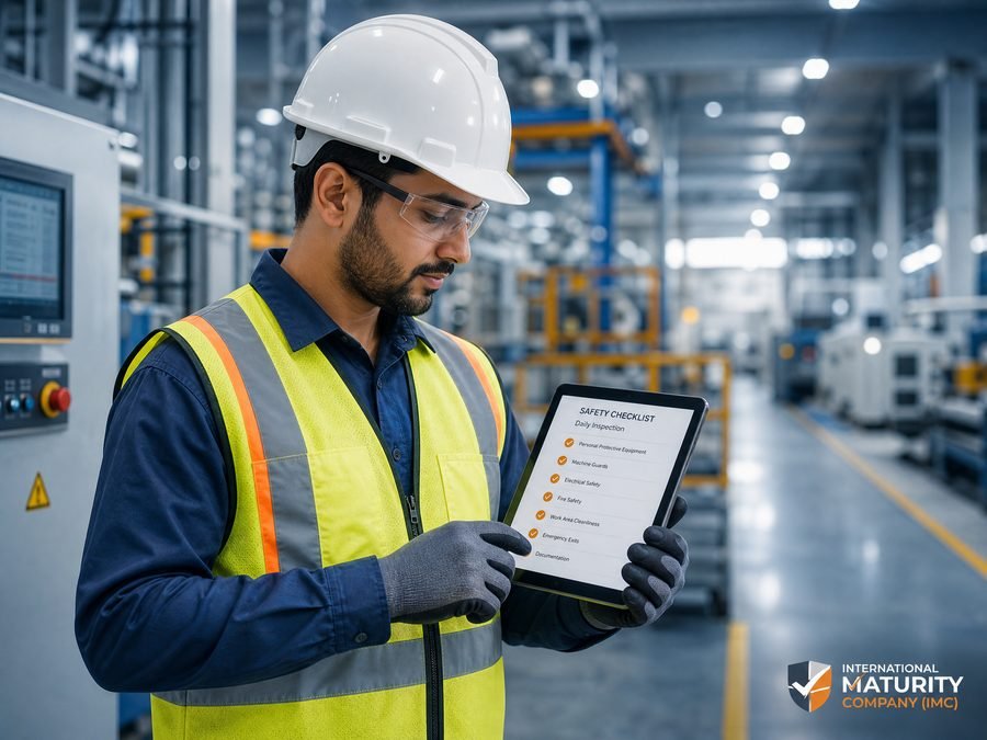 Industrial worker wearing PPE reviewing a safety checklist